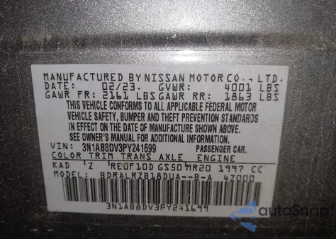 2023 Nissan Sentra Sr Xtronic Cvt z USA, uszkodzony, nr VIN 3N1AB8DV3PY241699